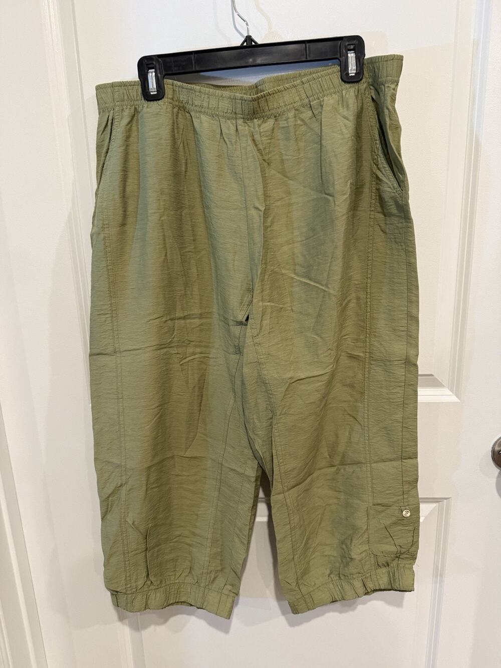 Focus Casual Life Pants Womens Sz M Green Elastic Waist Button Detail Lagenlook